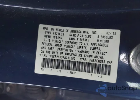 2015 Honda Accord Ex z USA, uszkodzony, nr VIN 1HGCR2F75FA231080